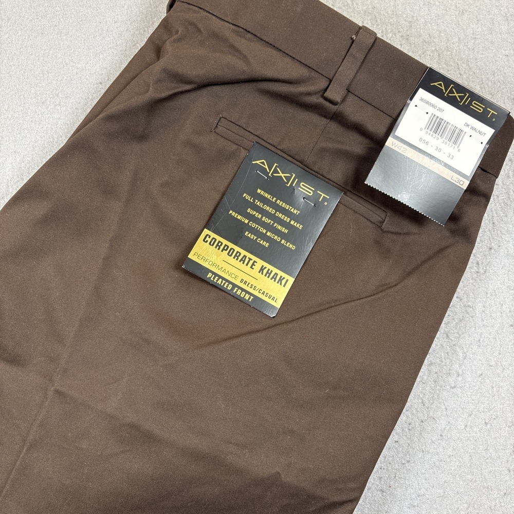 AXIST Corporate Khaki Pants Mens fits 42x30 Dark Walnut  Casual Pleated Front